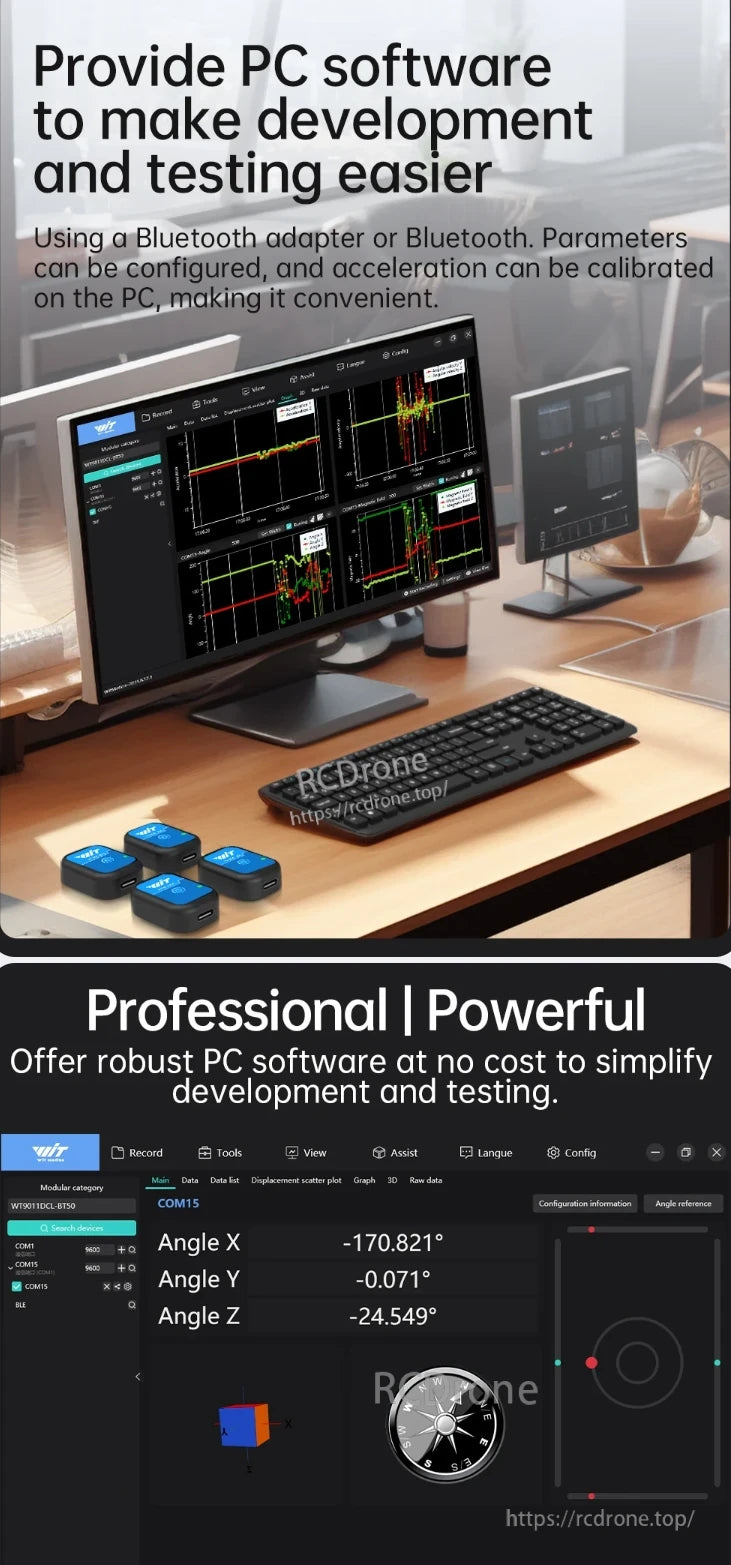 The WitMotion WT9011DCL BLE Sensor provides PC software for easy development and testing via Bluetooth, allowing parameter configuration, acceleration calibration, and real-time data viewing with tools like angle measurements and 3D visualization.