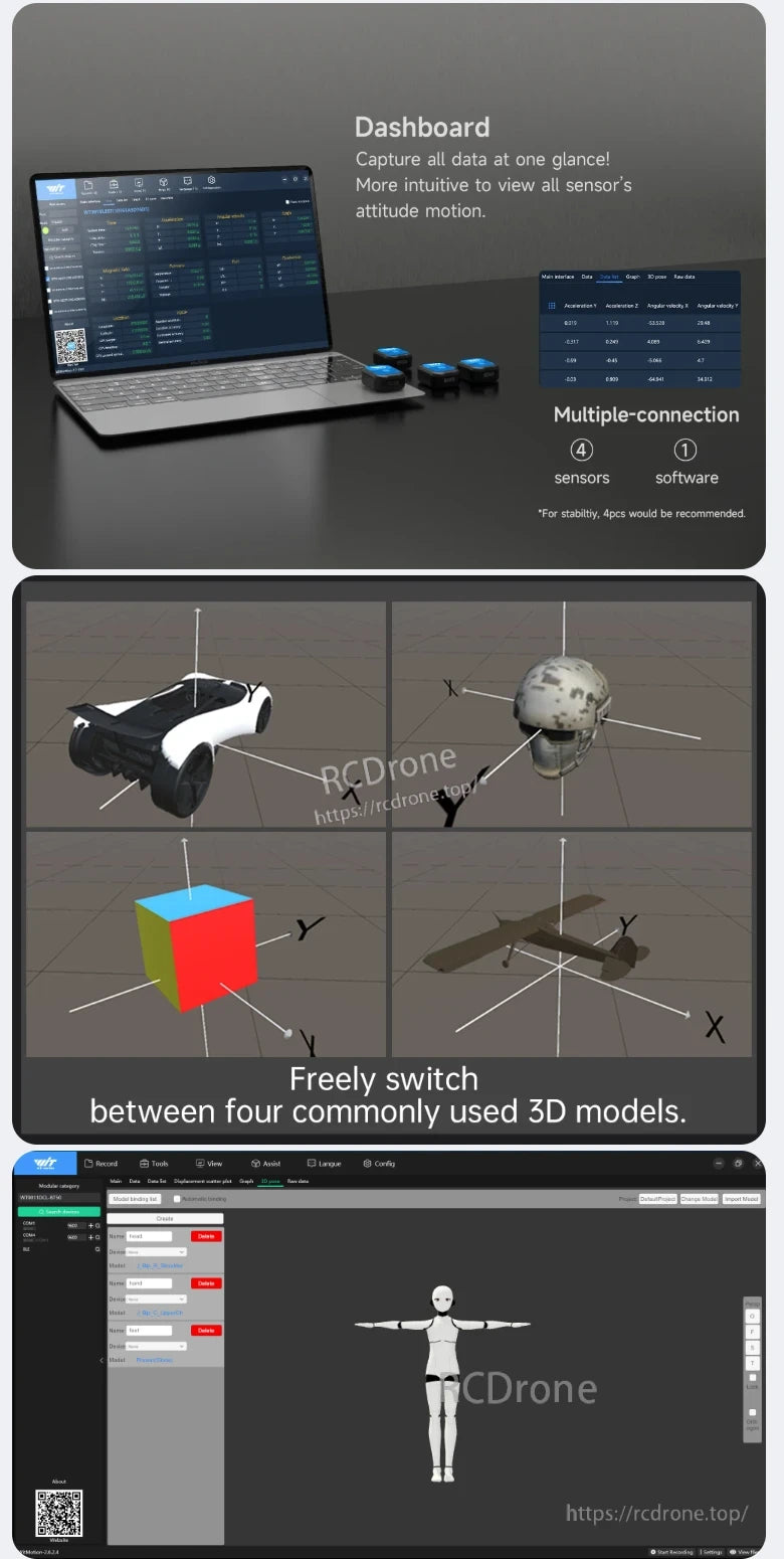 WitMotion WT9011DCL BLE Sensor, Dashboard intuitively captures sensor data, supports 4 sensors to 1 software, switches between 3D models, and offers real-time visualization with a human model interface.