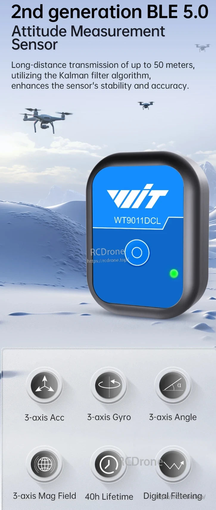 WitMotion WT9011DCL BLE Sensor, The WT9011DCL BLE 5.0 sensor provides 50m range, stability via Kalman filter, 3-axis sensing, 40-hour battery, and digital filtering.