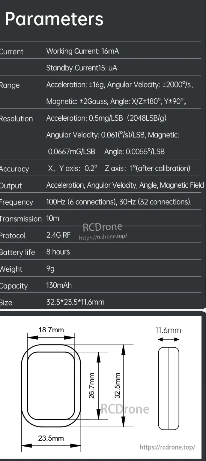 The WitMotion WT9011DCL-IMU is a compact IMU with 16mA current, ±1g acceleration, ±2000°/s angular velocity, 2.4G RF, 8-hour battery, 9g weight, and outputs acceleration, angular velocity, angle, and magnetic field data.