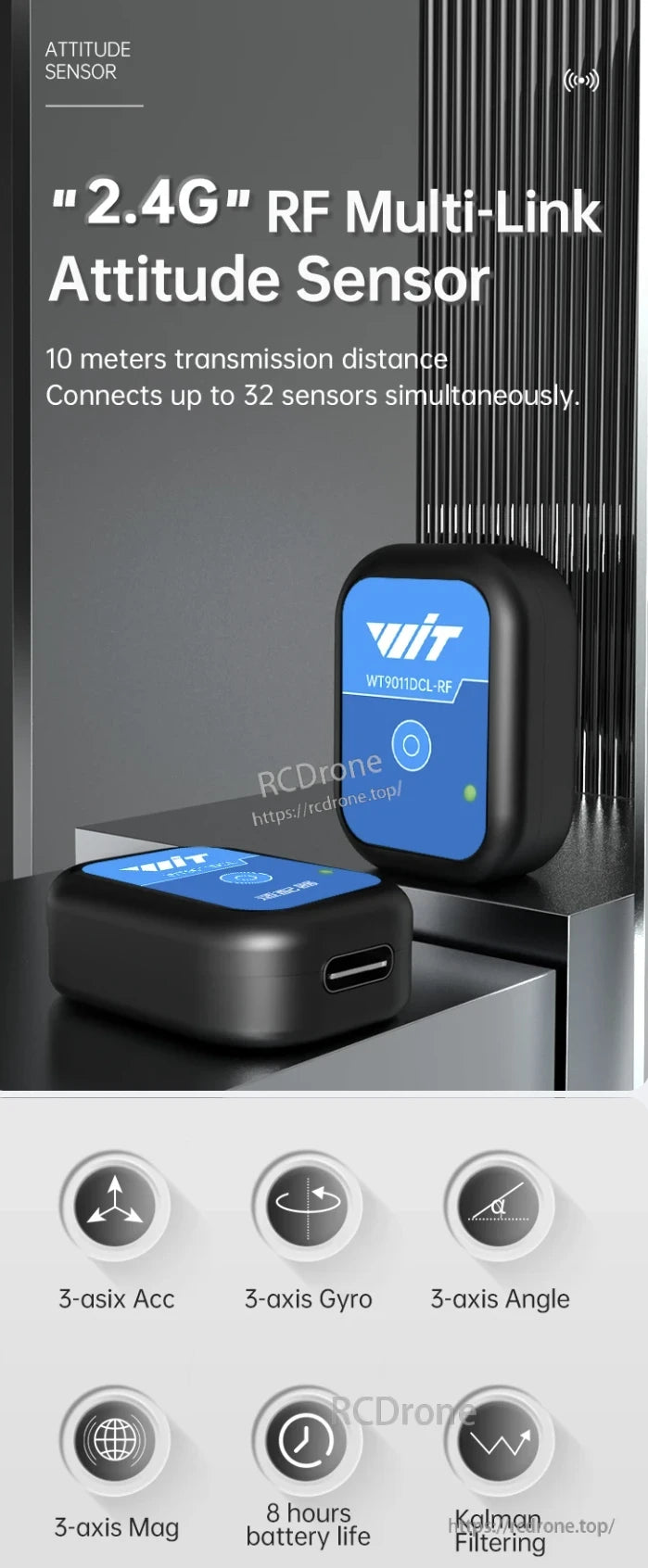 WitMotion WT9011DCL-IMU, 2.4G RF sensor connects 32 devices, 10m range, 3-axis Acc, Gyro, Angle, Mag, 8-hour battery, Kalman Filtering.
