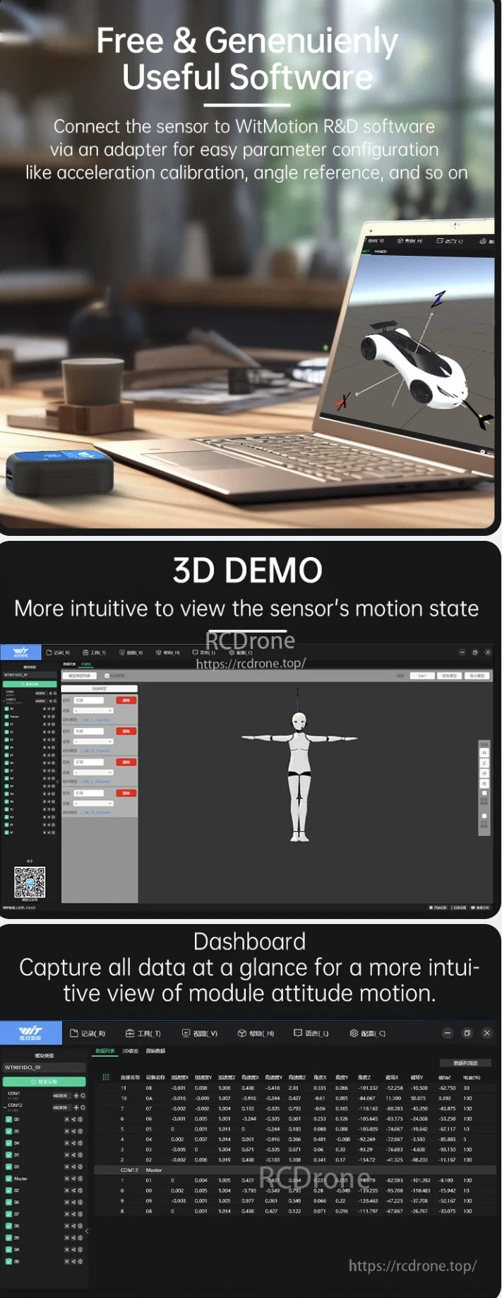WitMotion WT9011DCL-IMU, Free, useful software for sensor setup with 3D motion demo and dashboard for module attitude monitoring.
