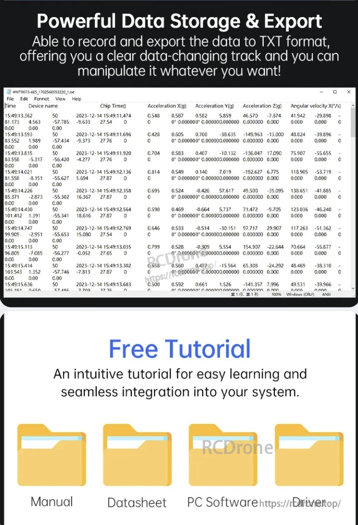WitMotion WT9011DCL-IMU, Powerful data storage, TXT export, free tutorial, manual, software, and drivers for easy integration and learning.
