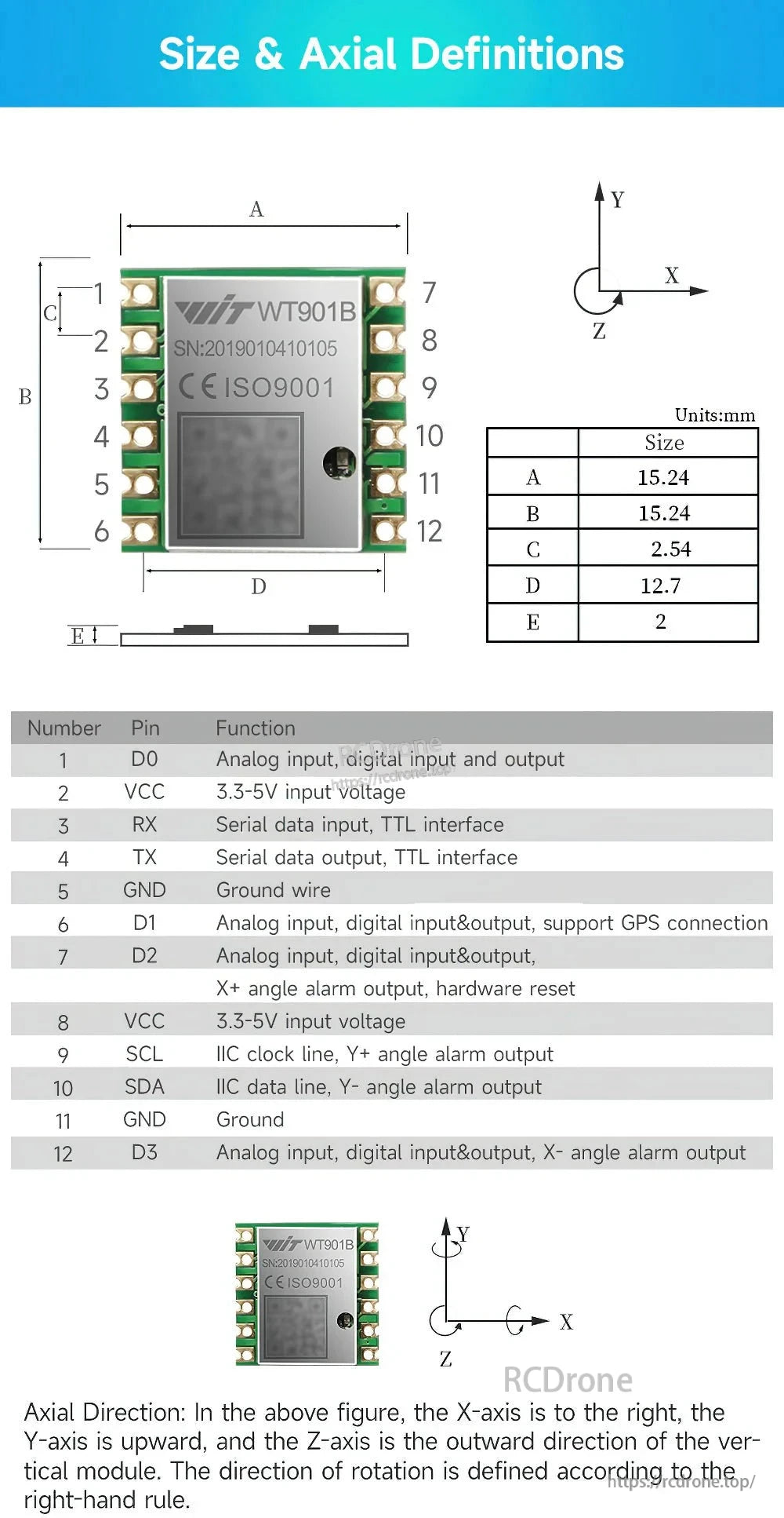The WitMotion WT901B is a compact 10-axis IMU with MPU9250, featuring accelerometer, gyro, barometer, tilt sensor, Kalman filter, UART/I²C interfaces, and 0.2–200 Hz output.
