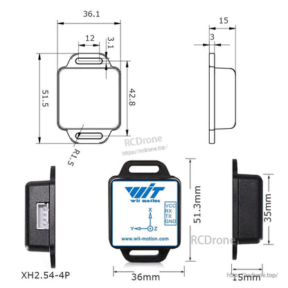 The WitMotion WT901C-485 is a 9-axis IMU with 0.05° accuracy, supports RS485/RS232/TTL, uses an XH2.54-4P connector, and measures 36x51.3x15mm.