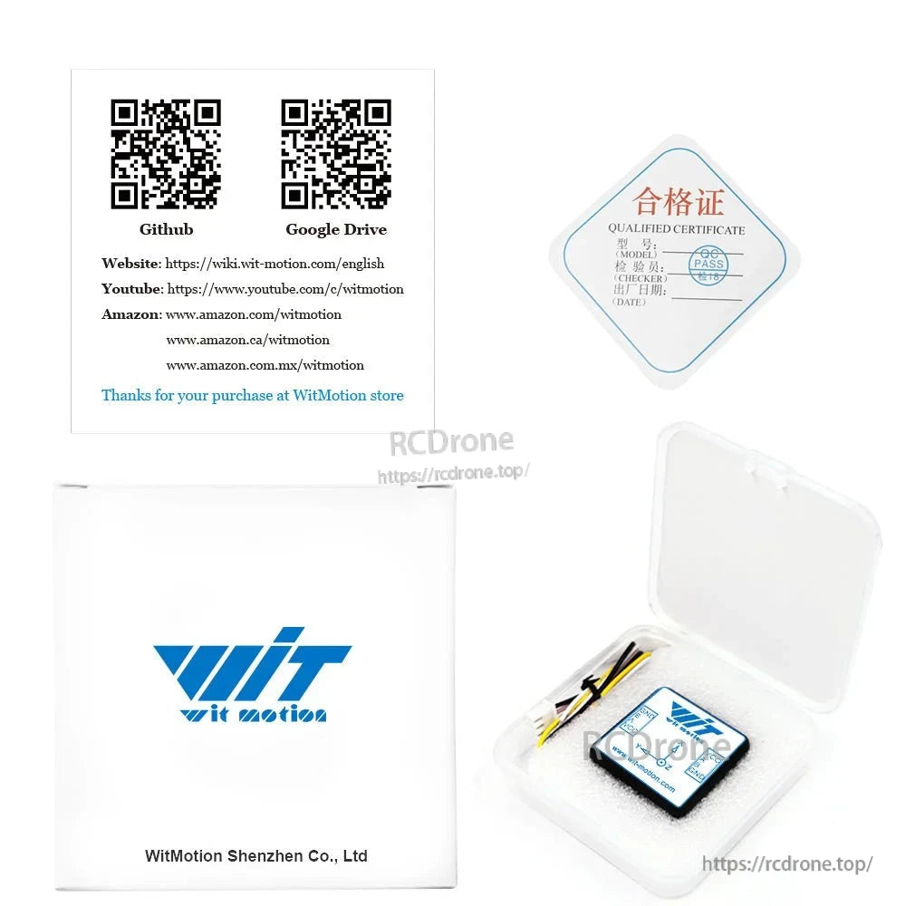 The WitMotion WT901C-485 9-axis IMU provides 0.05° accuracy, 0.2–200 Hz AHRS, and RS485/RS232/TTL interfaces, with included certificate and QR codes.