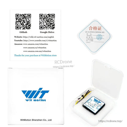 The WitMotion WT901C-485 9-axis IMU provides 0.05° accuracy, 0.2–200 Hz AHRS, and RS485/RS232/TTL interfaces, with included certificate and QR codes.