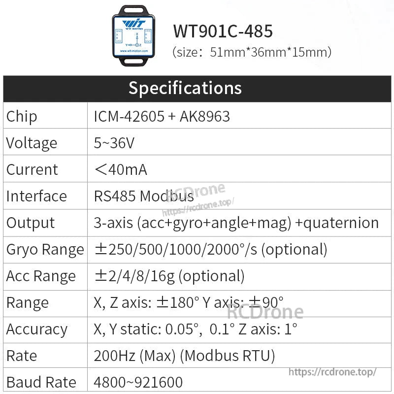 The WitMotion WT901C-485 is a 9-axis IMU with ICM-42605+AK8963, RS485 Modbus, 5–36V, ±250–2000°/s gyro, ±2–16g acc, 0.05° accuracy, 200Hz, and 4800–921600 baud.