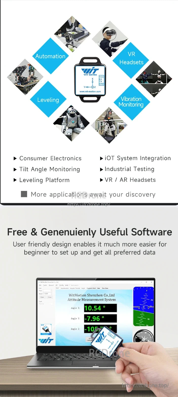 The WitMotion WT901C IMU supports automation, VR, leveling, and vibration monitoring, with free software for real-time data display, suitable for consumer electronics, IoT, industrial testing, and AR/VR.