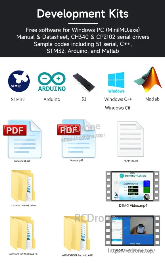 WitMotion WT901C IMU Sensor, Development Kits offer free Windows software, drivers, manuals, sample codes for STM32, Arduino, C++, MATLAB, plus PDFs, demos, and Android app support for WT901C IMU Sensor.