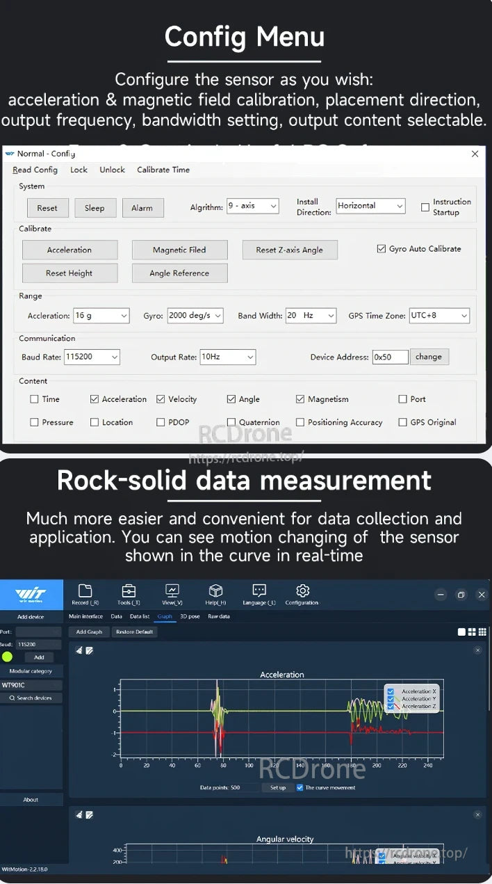 The WitMotion WT901C IMU offers sensor calibration, data settings, motion visualization, 9-axis algorithm, adjustable parameters, GPS time zone support, and real-time acceleration/angular velocity graphs for precise measurements.