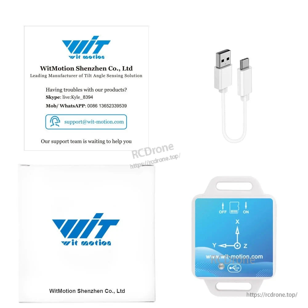 WitMotion provides tilt sensing with MPU9250, 0.1–200 Hz, 16 GB SD, RTC, and supports Skype, WhatsApp, email.