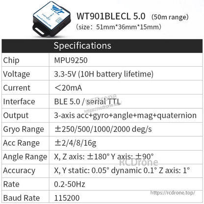 The WitMotion WT901BLECL 5.0 features an MPU9250 chip, BLE 5.0/serial TTL, 3.3-5V operation, and provides 3-axis accelerometer, gyro, angle, magnetometer, and quaternion outputs with adjustable ranges and rates.