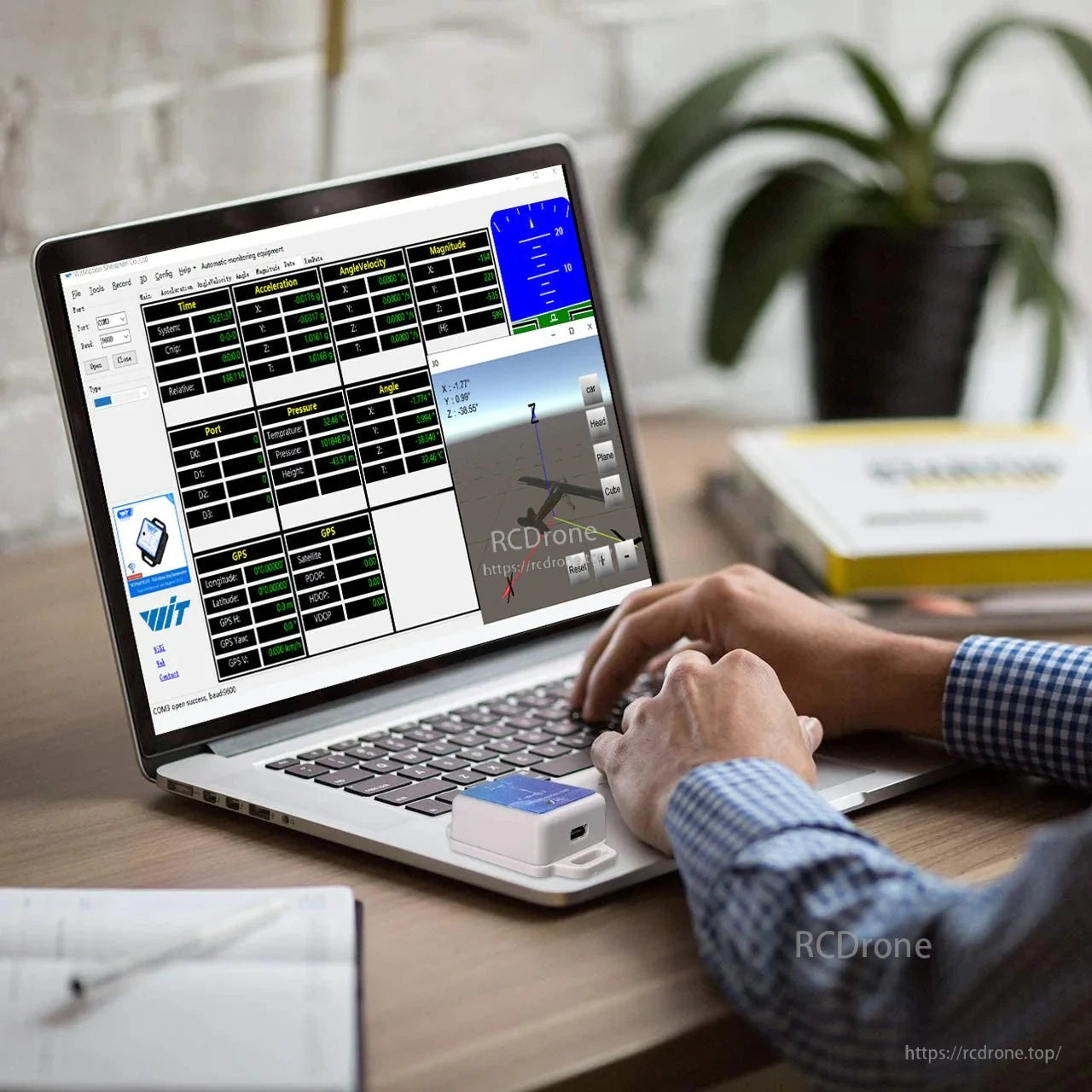 The WitMotion WT901SDCL is a 9-axis data logger with MPU9250, 0.1–200 Hz sampling, 16 GB SD card, RTC, and displays real-time acceleration, angle, GPS, pressure, and temperature data on a laptop.