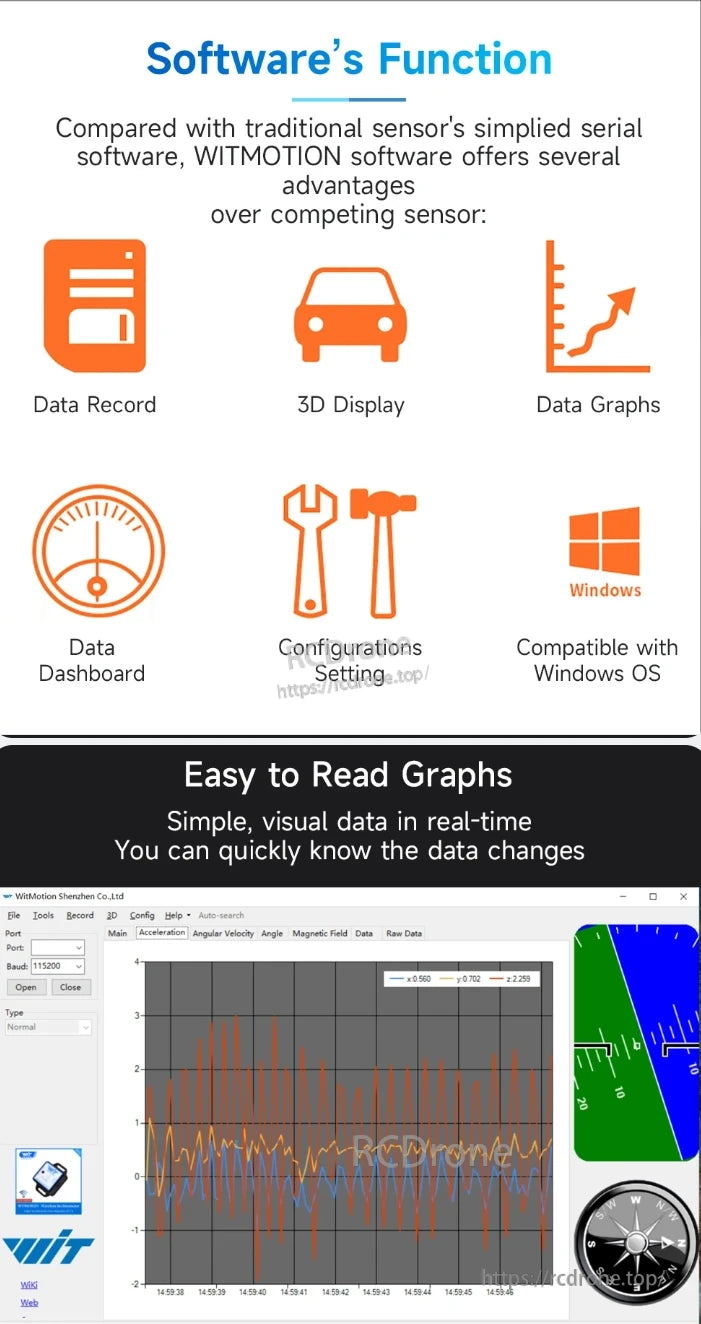 WitMotion WT901SDCL Accelerometer, WITMOTION software provides data recording, 3D visualization, graphs, dashboards, and Windows compatibility for real-time, easy data analysis.