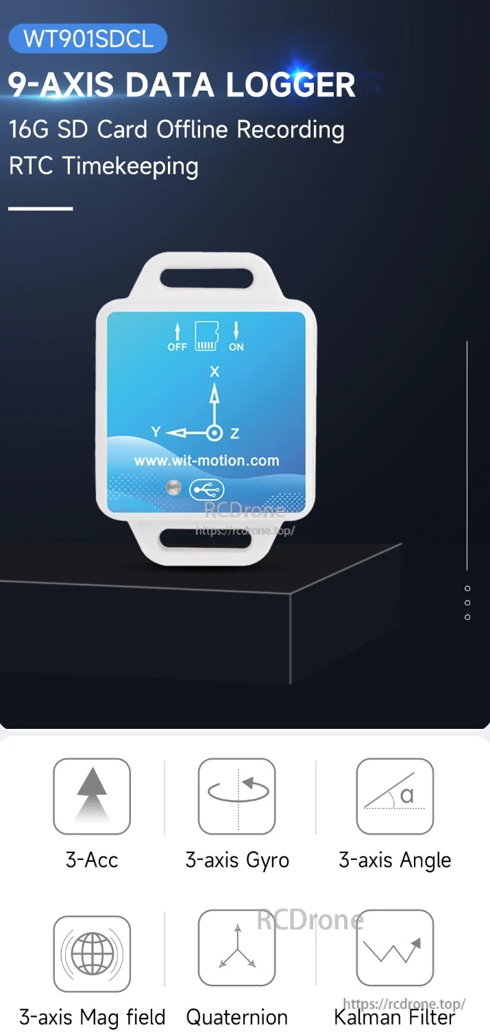 WitMotion WT901SDCL Accelerometer, A 9-axis data logger with 16GB SD card, RTC, accelerometer, gyroscope, magnetometer, and Kalman filter for precise motion tracking.