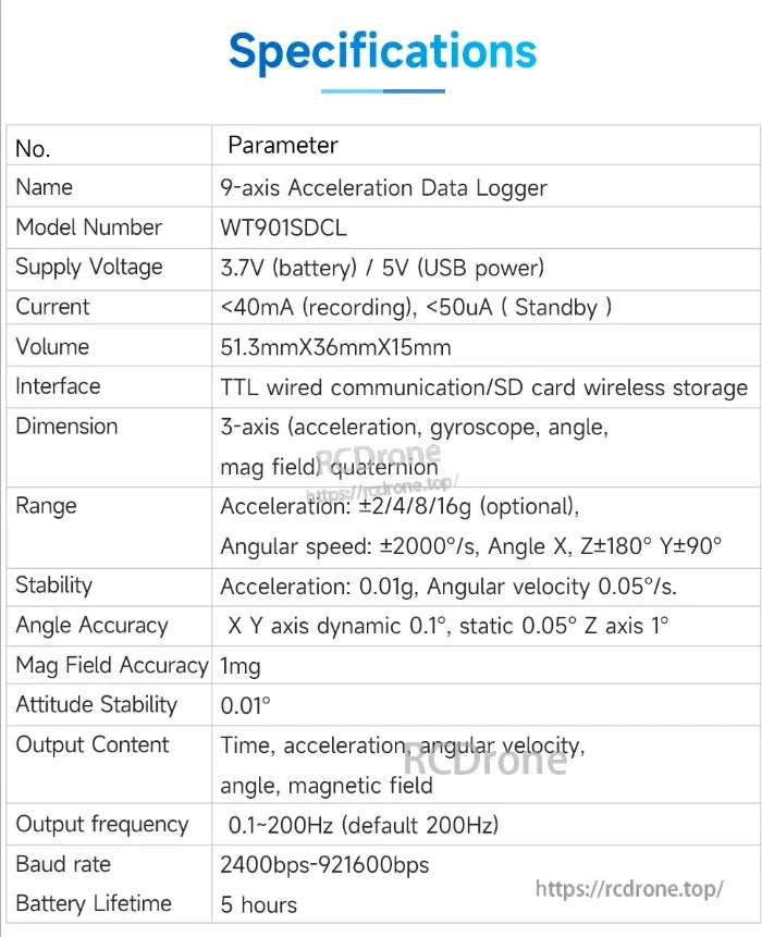 WitMotion WT901SDCL Accelerometer, The WT901SDCL acceleration data logger features 9-axis sensing, compact size, low power consumption, and multiple interfaces, with a 5-hour battery life.