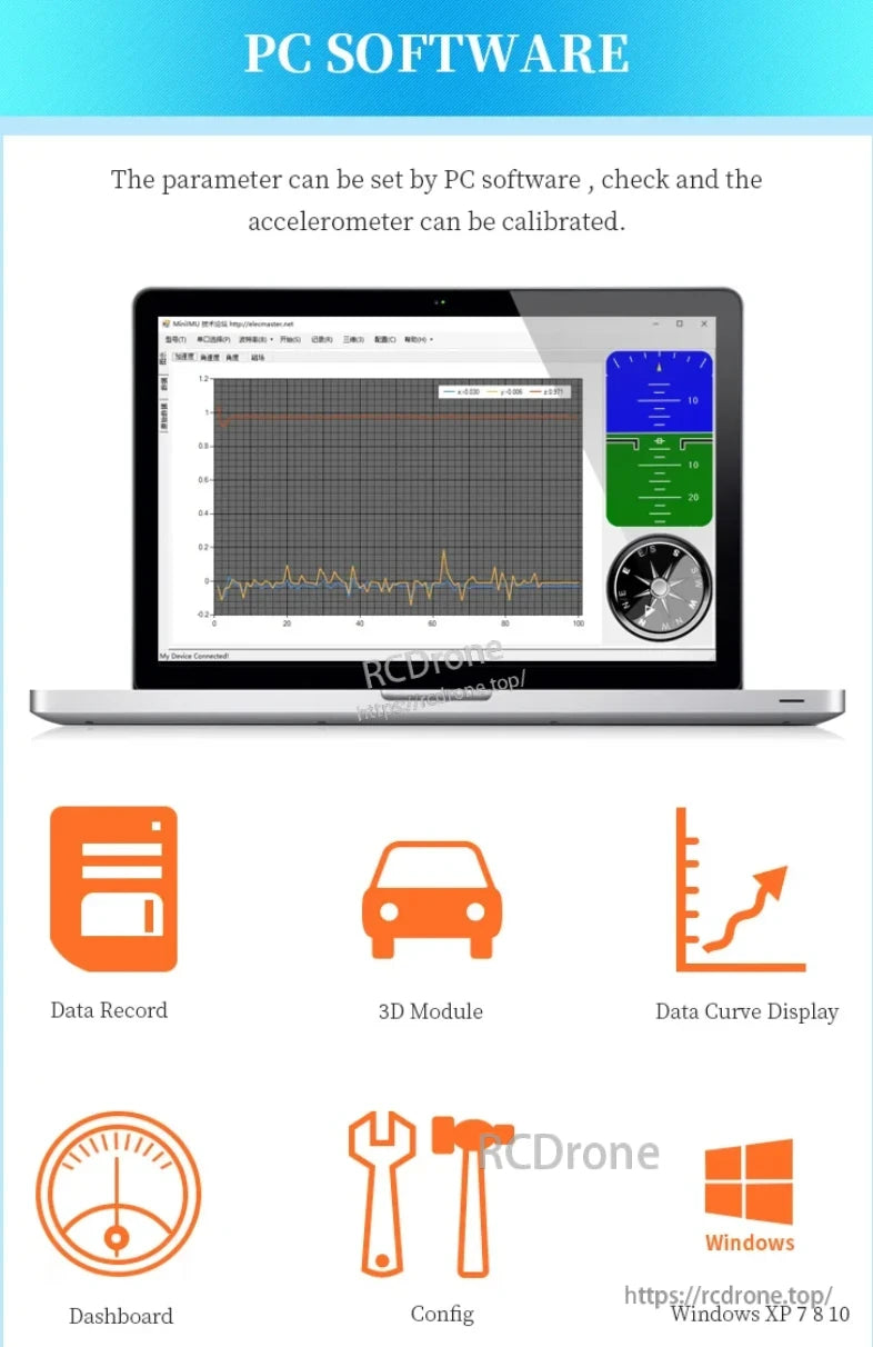 WitMotion WT931 9-Axis Attitude Sensor, PC software for drone parameter setting, calibration, data recording, 3D module, curve display, dashboard, config on Windows XP, 7, 8, 10.