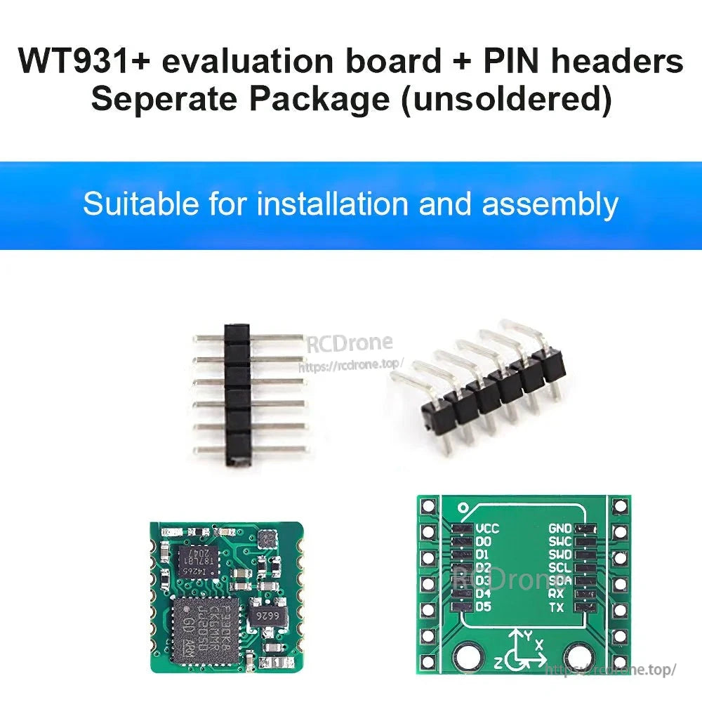 WitMotion WT931 9-Axis Attitude Sensor, Evaluation board WT931+ with unsoldered PIN headers, supports UART-TTL/I²C, 9-axis IMU for Arduino & STM32. Includes VCC, GND, SCL, SDA, TX, RX pins. For installation and assembly.