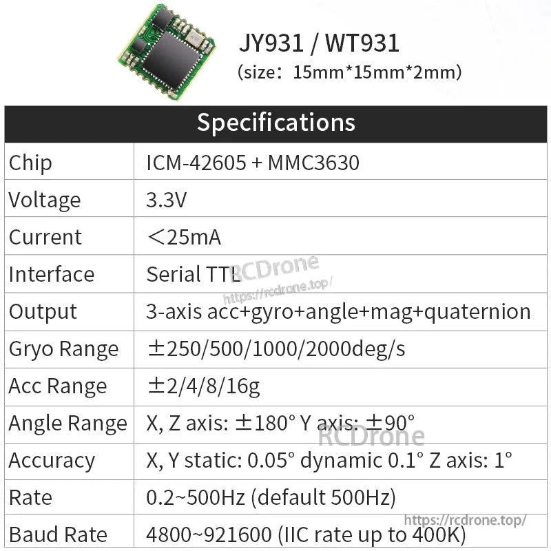 WitMotion WT931 9-Axis Attitude Sensor, JY931/WT931 IMU features ICM-42605 and MMC3630 chips, 3.3V, low power, UART-TTL/I²C. Outputs 3-axis data with high accuracy and adjustable range.