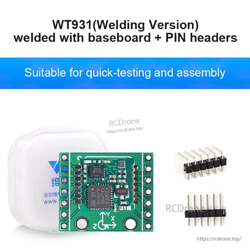 WitMotion WT931 9-Axis Attitude Sensor, The WT931 welding version includes a baseboard and pin headers for easy testing and assembly, featuring a 9-axis IMU compatible with Arduino and STM32.