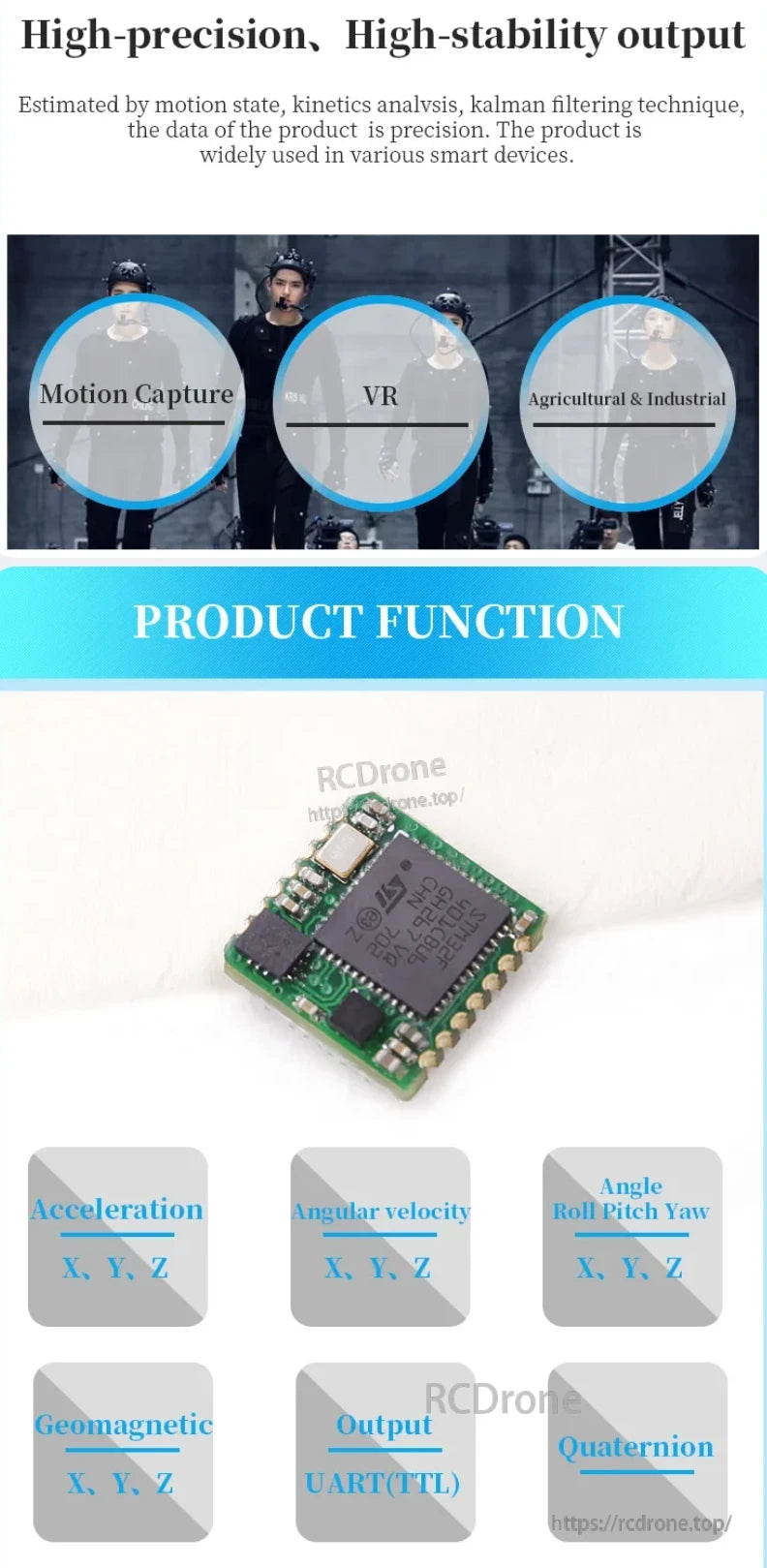 WitMotion WT931 9-Axis Attitude Sensor, A high-precision 9-axis sensor offers motion capture, VR, and industrial uses with acceleration, angular velocity, angle, geomagnetic data, UART output, and quaternion support.