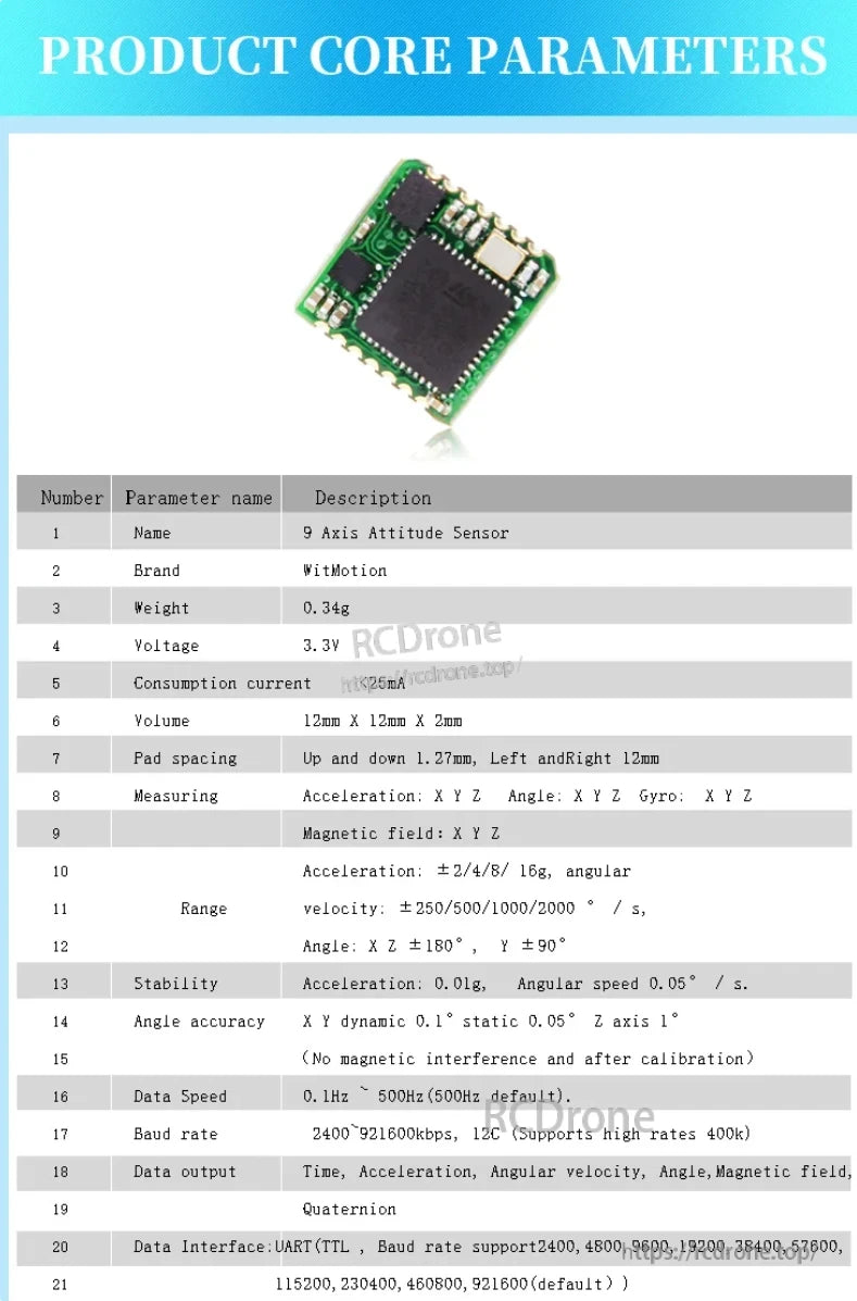 WitMotion WT931 9-Axis Attitude Sensor, The WitMotion WT931 is a compact 9-axis sensor measuring 12×12×2mm, with UART/TTL interface, providing acceleration, angle, gyro, and magnetic data in X/Y/Z axes via quaternion output.