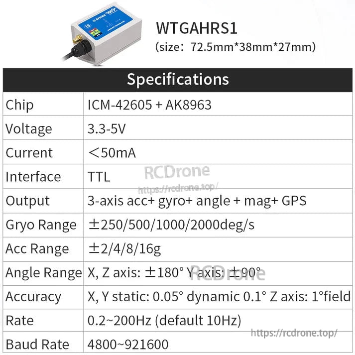 WitMotion WTGAHRS10-Axis AHRS, WitMotion WTGAHRS1 is a 10-axis AHRS module with ICM-42605 and AK8963 chips. It includes a 3-axis accelerometer, gyroscope, magnetometer, GPS, and TTL interface. It operates on 3.3-5V, draws less than 50mA, supports baud rates from 4800 to 921600, and has a gyro range of ±250 to 2000 deg/s.