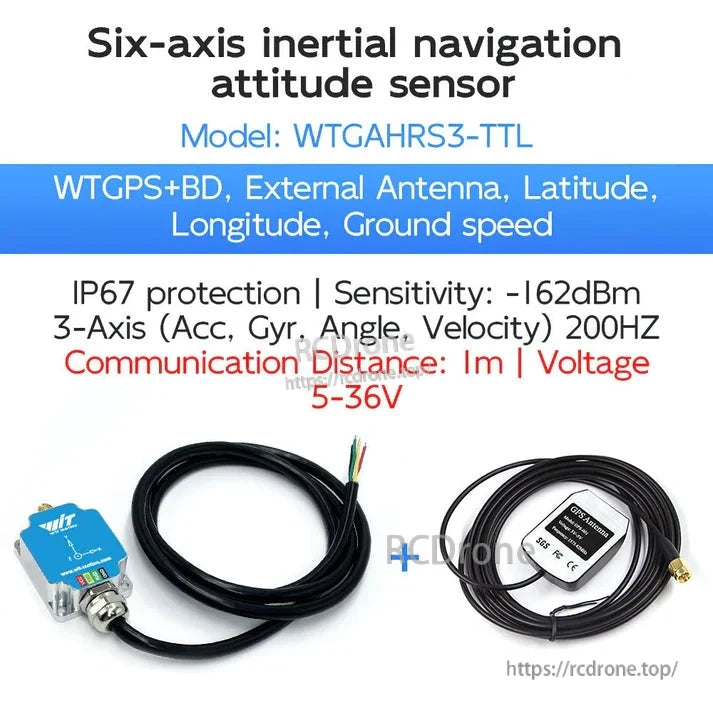 The WTGAHRS3-TTL is a six-axis GPS+BD inertial navigation sensor with high sensitivity, IP67 rating, 200Hz update rate, and wide voltage support.