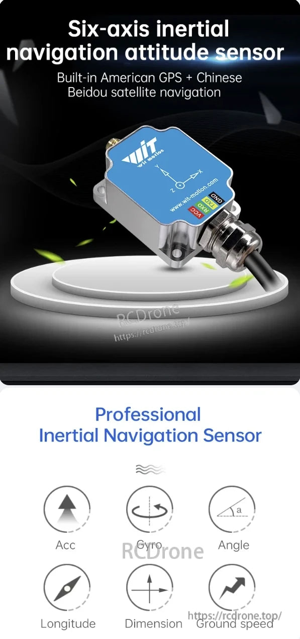 WitMotion WTGAHRS3 AHRS Sensor, A six-axis inertial navigation sensor with GPS and Beidou, measuring acceleration, gyro, angle, longitude, dimension, and ground speed.