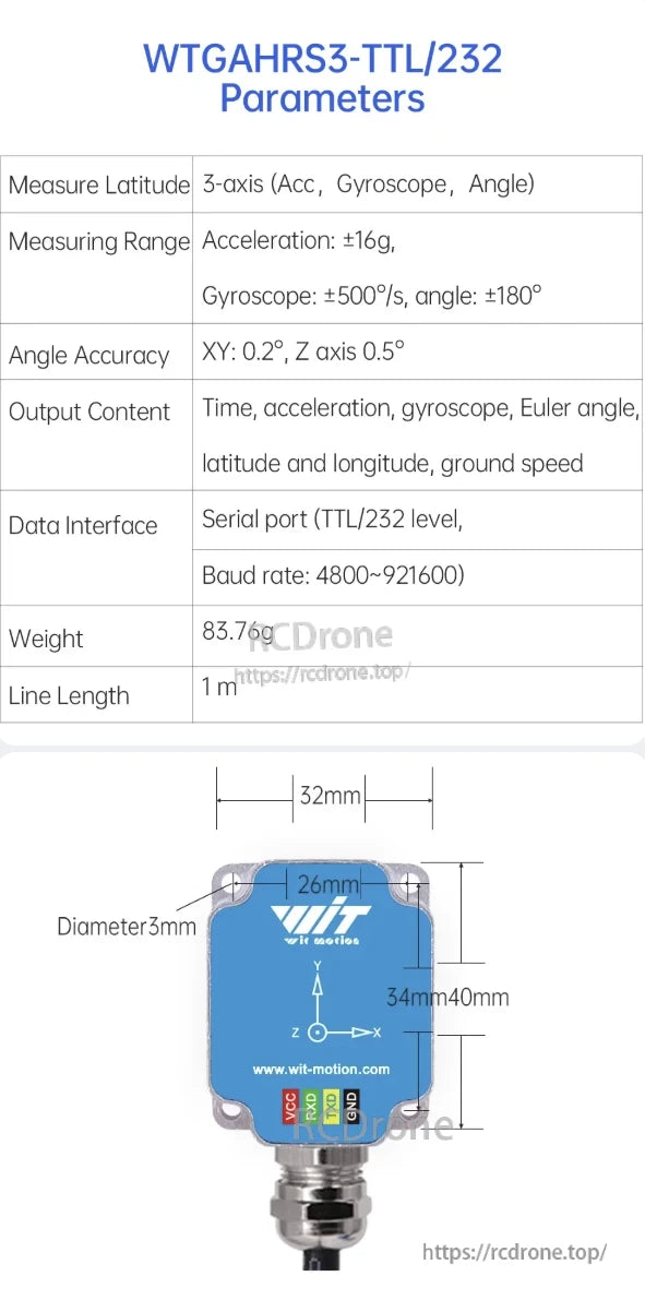 WitMotion WTGAHRS3 AHRS Sensor, The WitMotion WTGAHRS3-TTL/232 AHRS sensor provides 3-axis measurements, including acceleration, gyroscope, Euler angles, and GPS data, with compact size and TTL/232 interface.