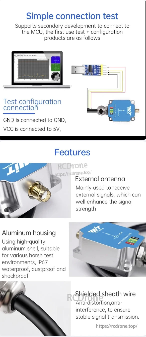 The WitMotion WTGAHRS3 AHRS sensor features an external antenna, IP67 aluminum housing, shielded wire, and supports MCU connection for easy testing.
