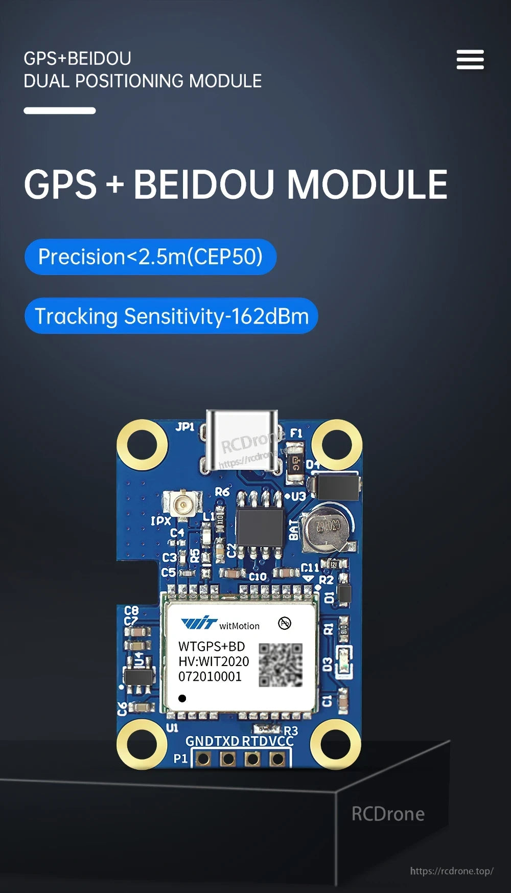 WitMotion WTGPS+BD GPS + BeiDou GNSS positioning module board with Type‑C port and mounting holes