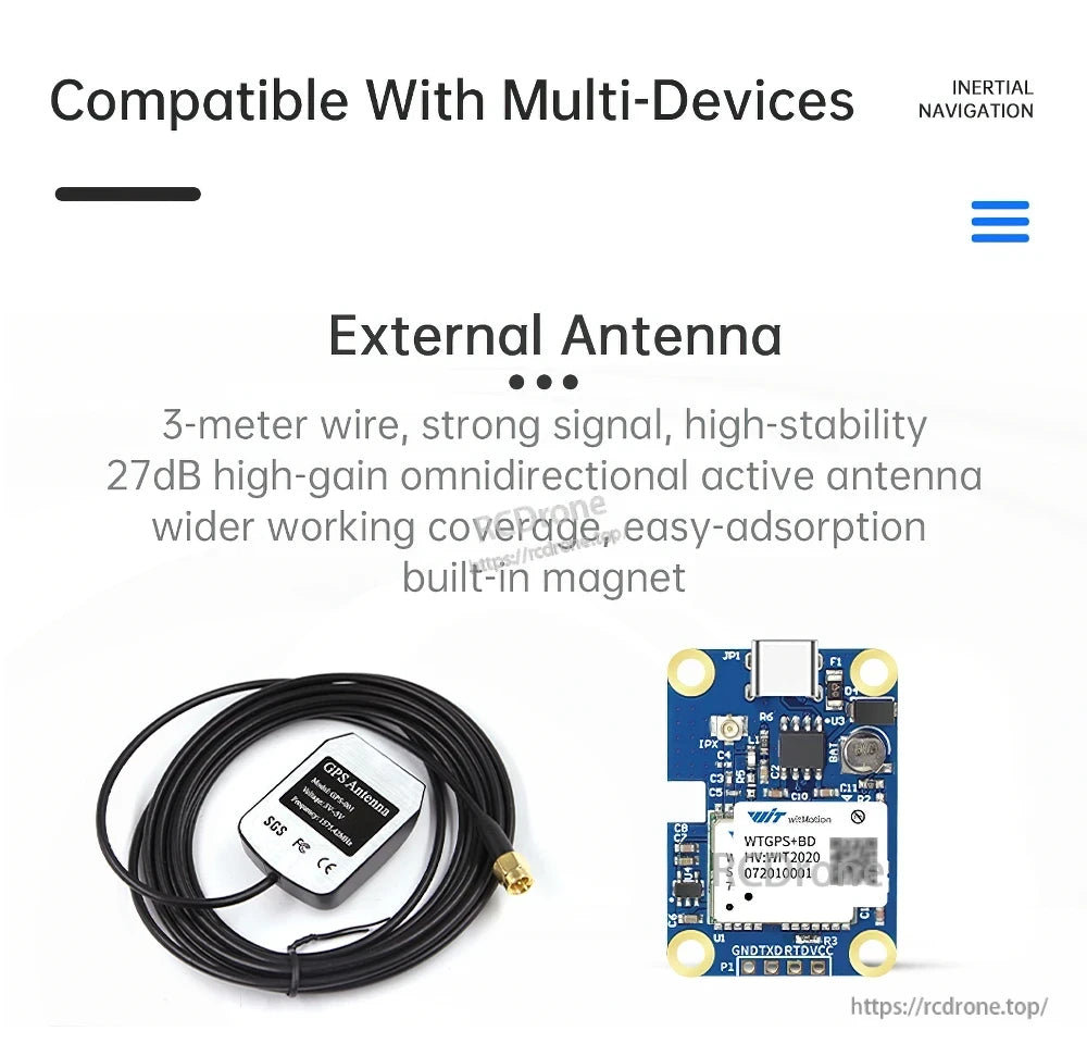 WitMotion WTGPS external active antenna kit with 3‑meter cable and magnetic GNSS puck