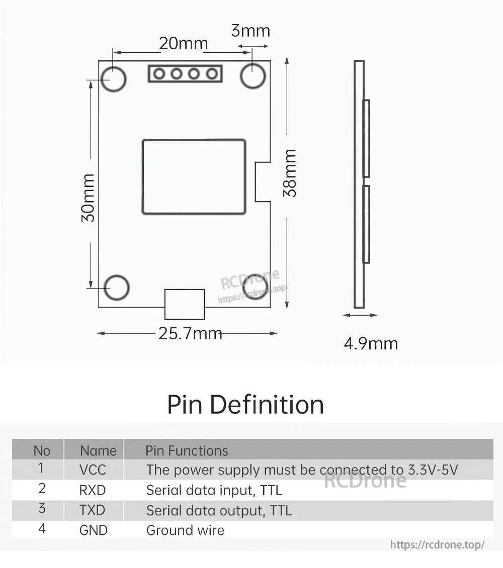 WTGPS+BD module dimensions drawing with 30×25.7 mm footprint, 4.9 mm thickness, and pin definitions