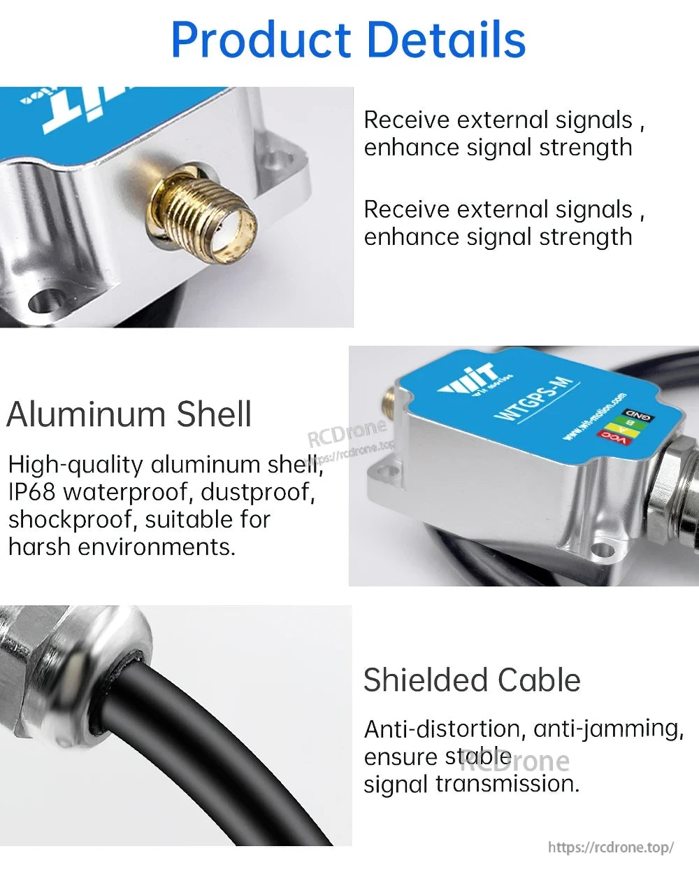 WTGPS‑M rugged enclosure details: aluminum shell, shielded cable, and waterproof/dustproof design notes