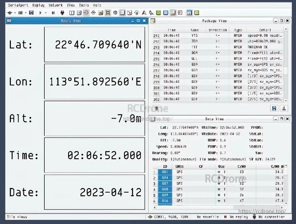 NMEA/serial output demo with latitude, longitude, altitude, time, and satellite data tables