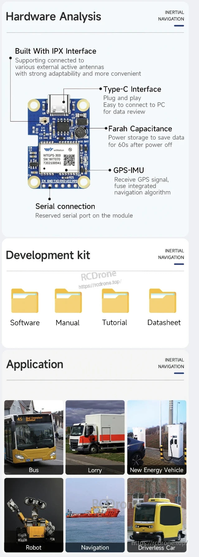 WitMotion WTGPS-300 features IPX, Type-C, GPS-IMU, serial port; includes software and guides. Ideal for vehicles, robots, navigation, autonomous cars.