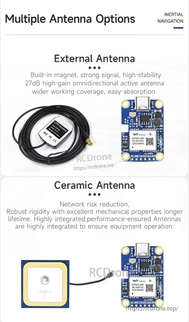 WitMotion WTGPS features external and ceramic antennas. The external offers 27dB high-gain, omnidirectional coverage with a magnet mount, while the ceramic ensures durability and reliable performance through its integrated design.