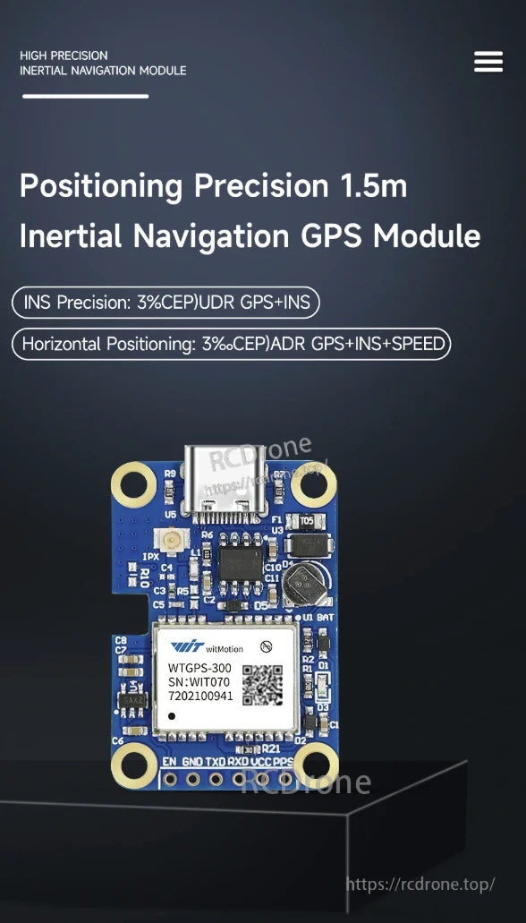 WitMotion WTGPS, High-precision inertial navigation module with 1.5m accuracy, USB-C interface, advanced navigation features, and reliable positioning data for demanding applications.