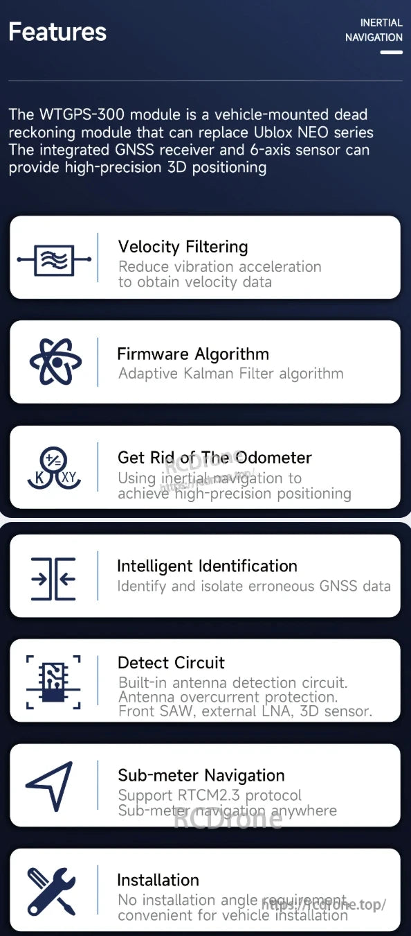 WitMotion WTGPS, The WTGPS-300 is a vehicle-mounted module combining GNSS and a 6-axis sensor for precise 3D positioning, offering features like Kalman filtering, inertial navigation, error detection, and sub-meter accuracy.