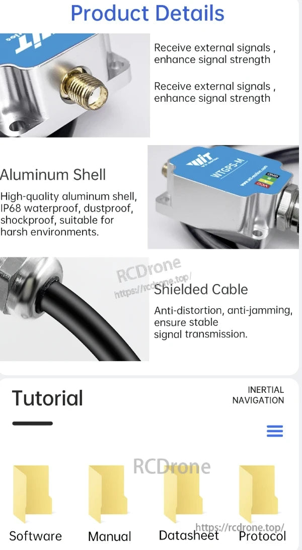 WitMotion WTGPS-M features an aluminum shell, IP68 protection, shielded cable, and includes software, manual, datasheet, and protocol for inertial navigation.