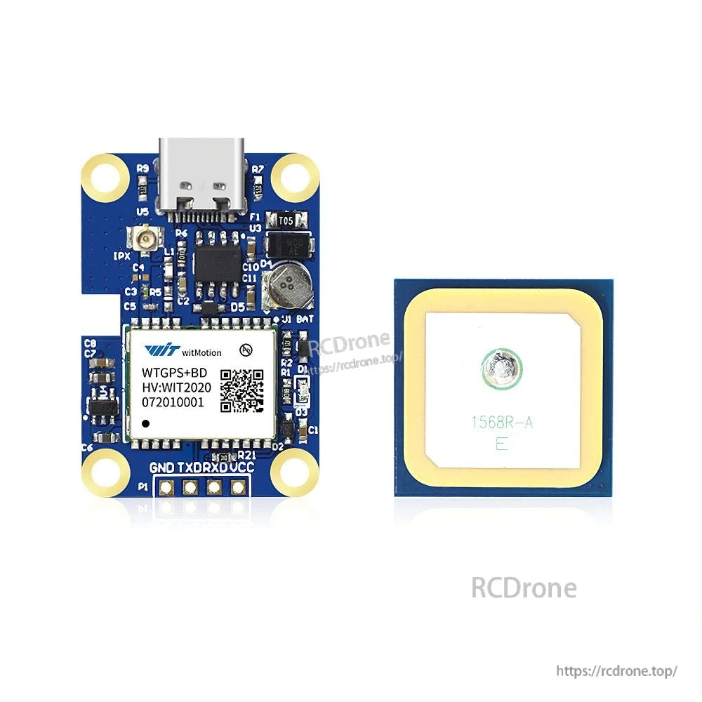 WTGPS+BD module board next to ceramic antenna patch, close view on connectors and label