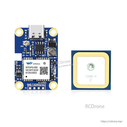 WTGPS+BD module board next to ceramic antenna patch, close view on connectors and label