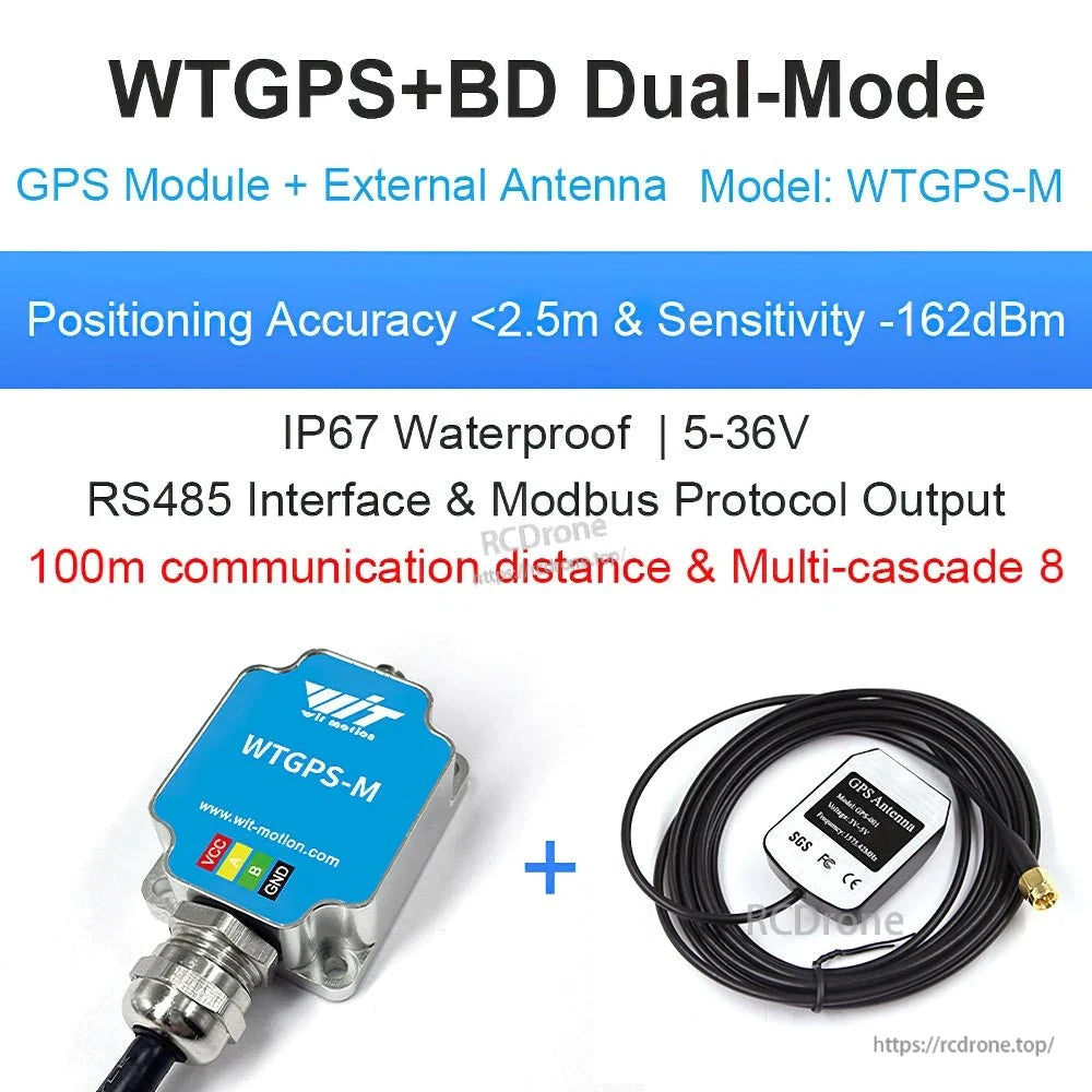 WTGPS+BD Dual-Mode GPS module with external antenna, RS485/Modbus waterproof unit graphic