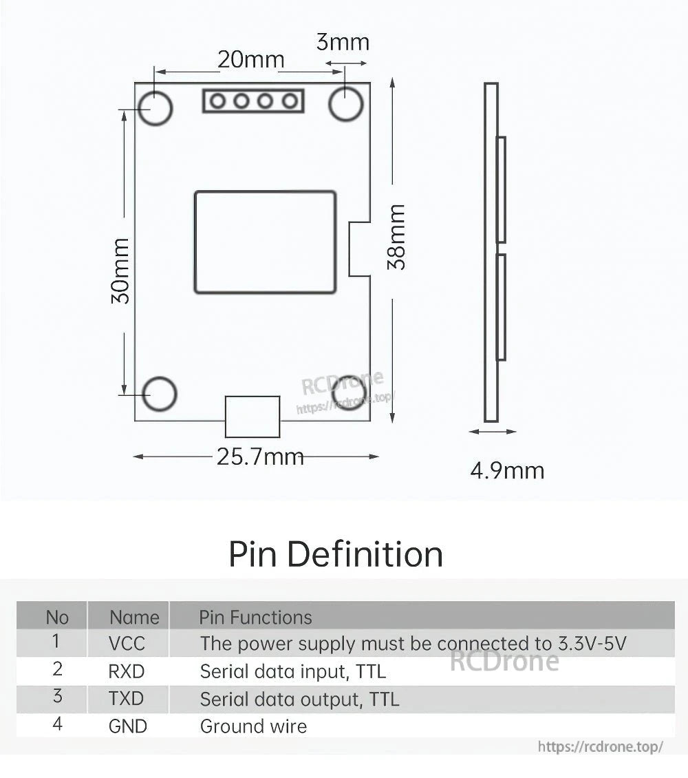 Board dimension drawing (25.7×38×4.9 mm) and pin definition for VCC, RXD, TXD, GND