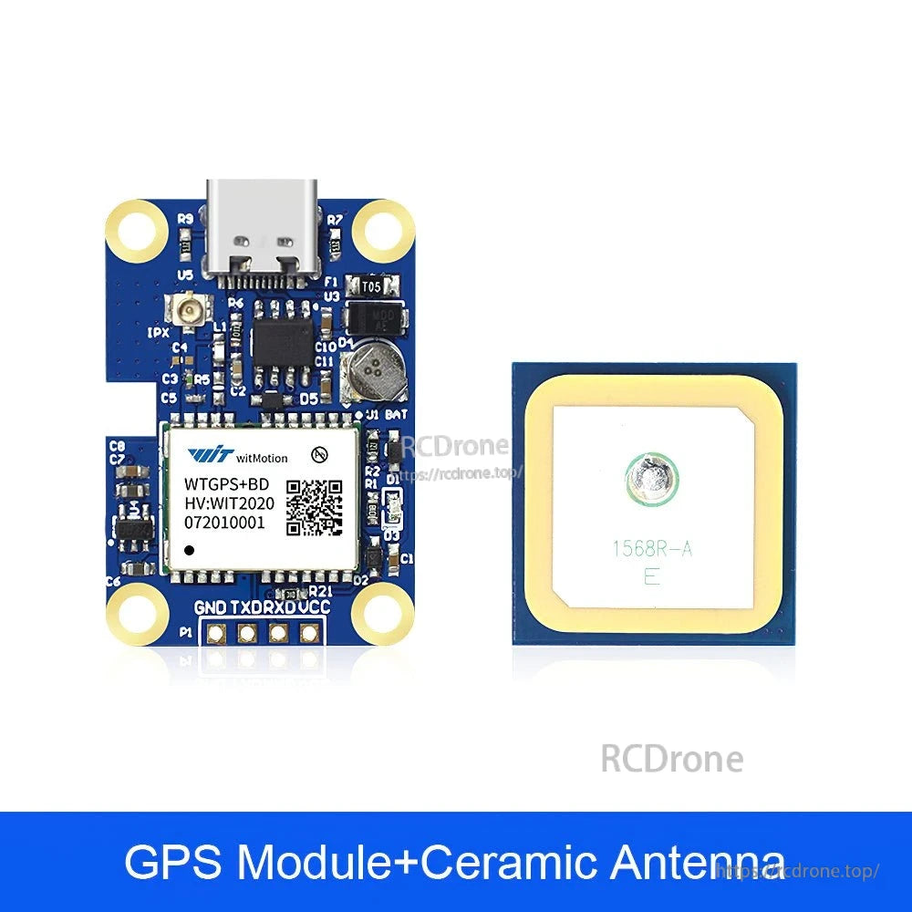 WTGPS+BD positioning module board alongside ceramic GPS antenna patch (1568R-A)