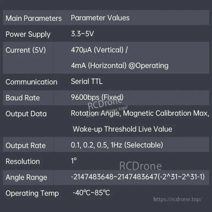 WitMotion WTR03L Rotary Angle Sensor, The WitMotion WTR03L sensor operates on 3.3–5V, features low current, TTL serial communication, 1° resolution, wide angle range, adjustable update rates, and rotation angle output, working in temperatures from -40°C to 85°C.