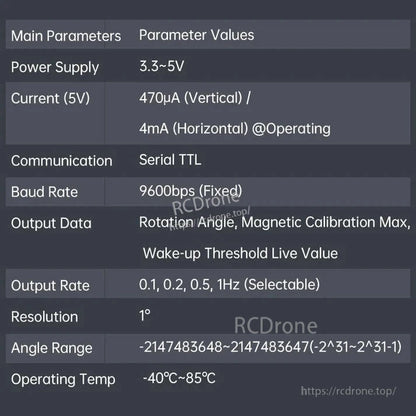 WitMotion WTR03L Rotary Angle Sensor, The WitMotion WTR03L sensor operates on 3.3–5V, features low current, TTL serial communication, 1° resolution, wide angle range, adjustable update rates, and rotation angle output, working in temperatures from -40°C to 85°C.