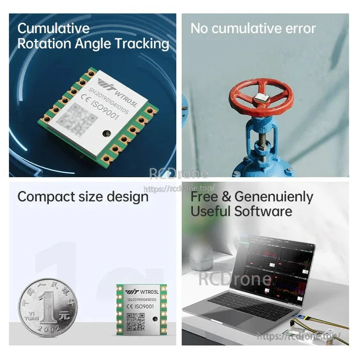 WitMotion WTR03L Rotary Angle Sensor, The WitMotion WTR03L rotary angle sensor features error-free rotation tracking, compact design, H/V auto-switch, low power, TTL interface, and ISO9001 certification.